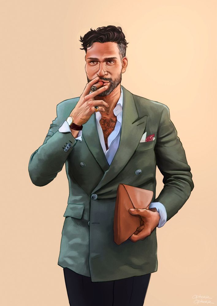 A digital drawing of a man from the thighs up. He is wearing a sage green coat, midnight blue slacks and is carrying a camel brown leather envelope clutch. He is bearded, with wavy hair and smoking a cigar.