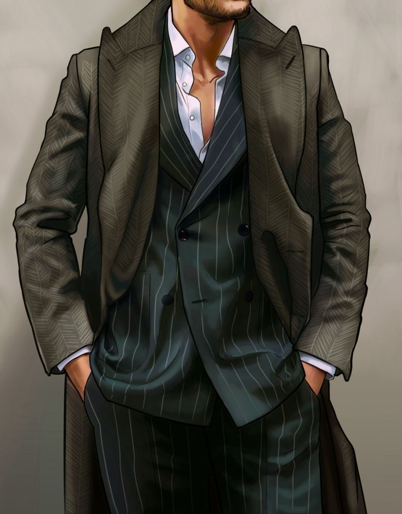 A digital drawing of a man in a dark blue-gray pinstriped suit and a brown herringbone coat. His white shirt is undone at the collar. His hands are in his trouser pockets and the image is cropped just at his chin.