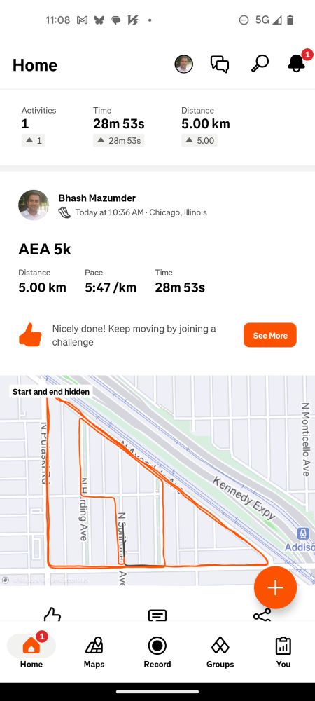Map showing my 5k run on Strava taking 28 minutes and 53 seconds