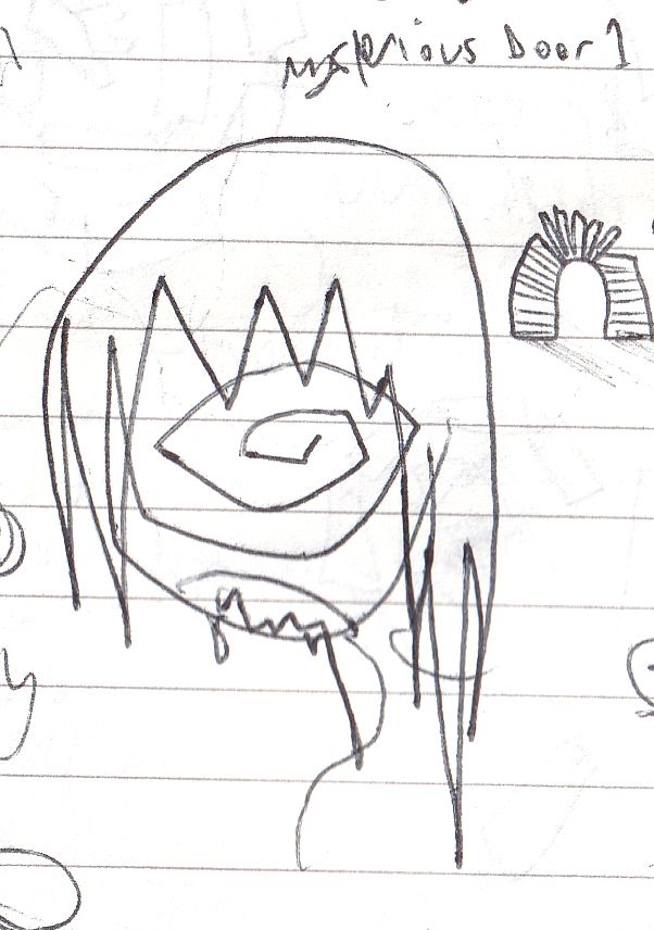 notebook page. spiral-headed face. spiky hair. unconnected text: "mysterious door 1" plus an unconnected picture of a slinky