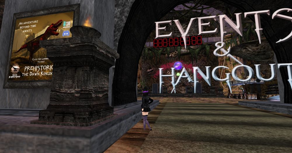 EVENTS & HANGOUT
big floating text in front of a massive archway.
behind it, a wall saying "THE BONEYARD" is visible as well as loads of 7-segment LEDs that just read "888888888" probably because they are off.