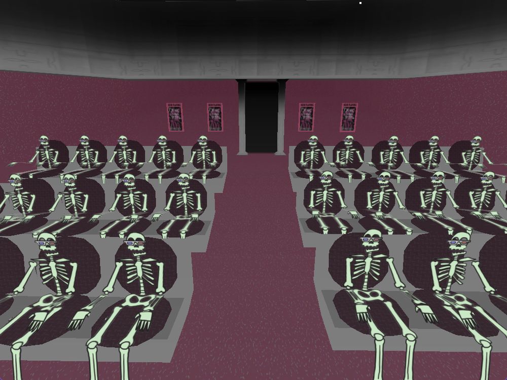 skeletons wearing 3D glasses seated in a movie theatre