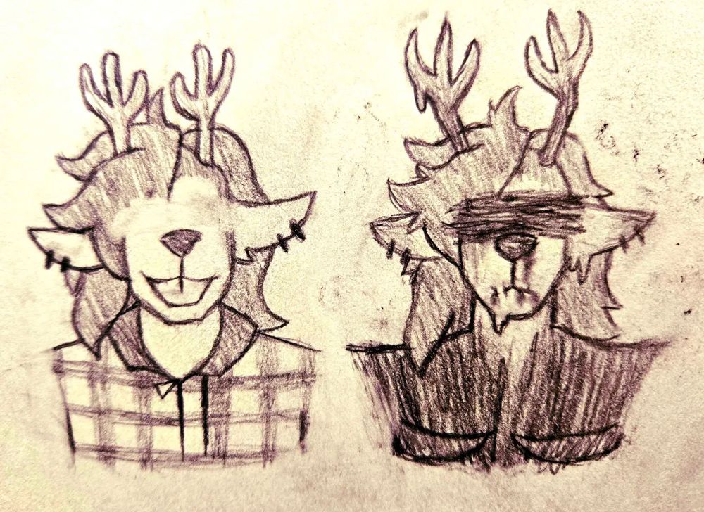 a saturated image of two rough sketches of Dess Holiday, one as her normal self and the other as The Knight but without the helmet. Both versions have their eyes hidden, with the left simply having them erased and the right being blocked out by scribbles. (insert "Only eyes blinded by darkness can see the way" quote here bc smartness and cleverness ect ect...)