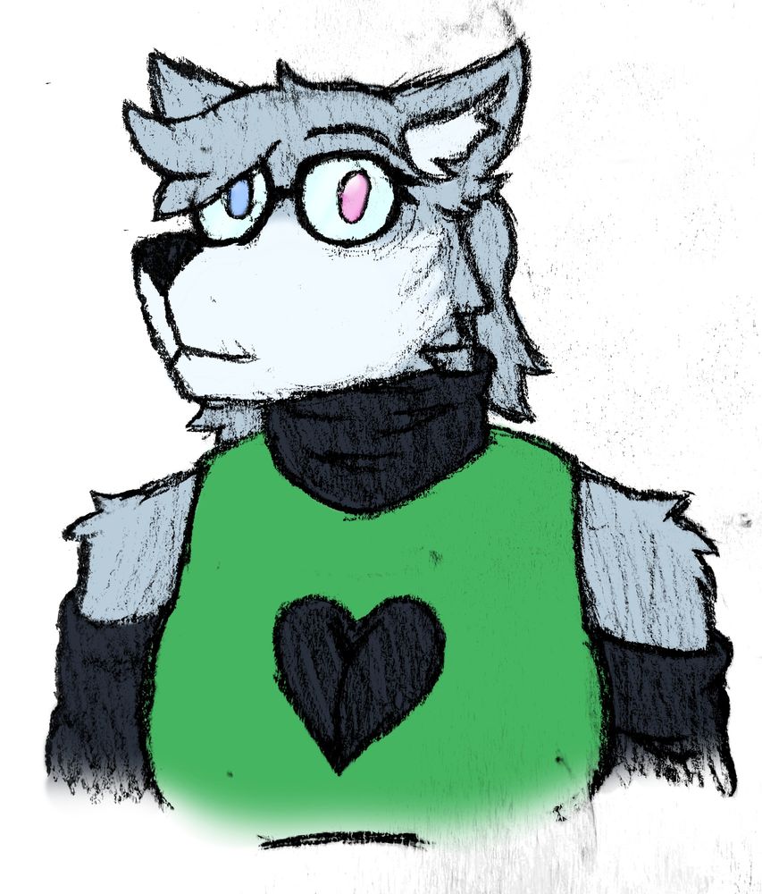 An anthro grey wolf named Fang, looking at the viewer with inquisitry. just a hint of it tho
