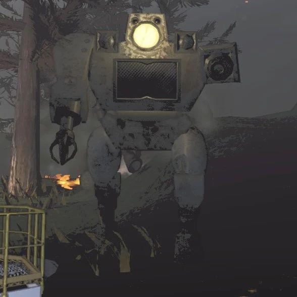 A picture of an Old Bird from the game Lethal Company, seen stomping towards the camera to presumably fry the person behind it
