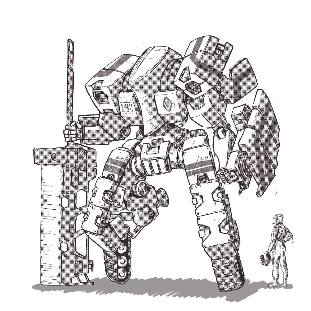 Line drawing of a tank-sized mecha with a big chopper-sword and pilot.