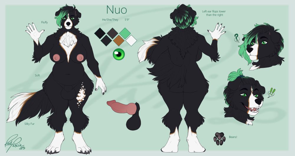 An art reference sheet for Nuo, a non-binary anthro dog character