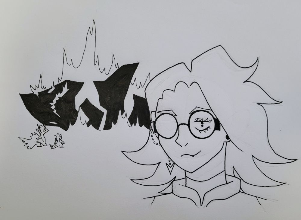 My OC Vale smiling suspiciously as the sharkshaped warship of the Swarm burns in the background. Rheaphestes, a fishlike centaur alien, stands infront of her burning ship, together with her champion Cath, who looks angrily back at Vale. 