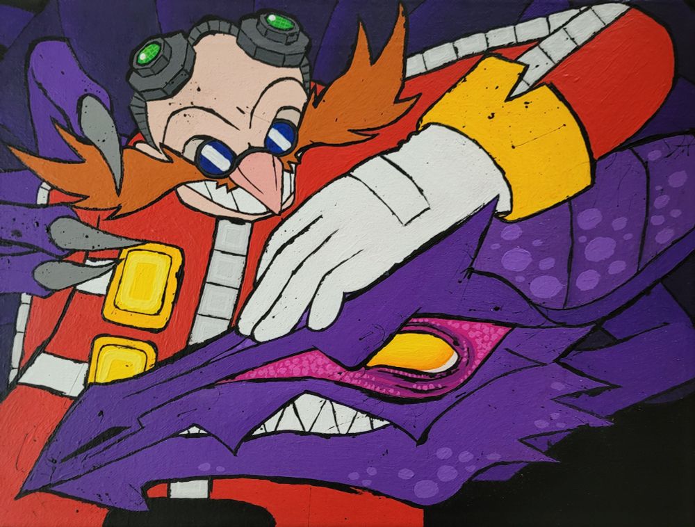 Acrylic painting of Ridley and Dr. Eggman. Eggman is leaning his arm on Ridley's head and grinning down on him. Ridley is grinning back, while holding a claw to Eggman's moustache.