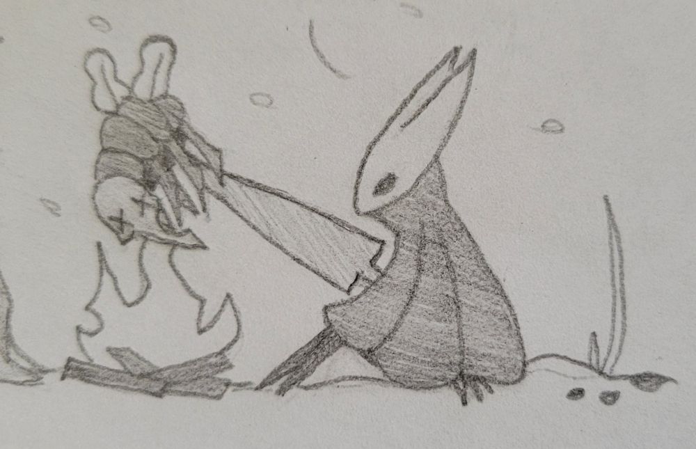 Hornet roasting a hopper over a fire.