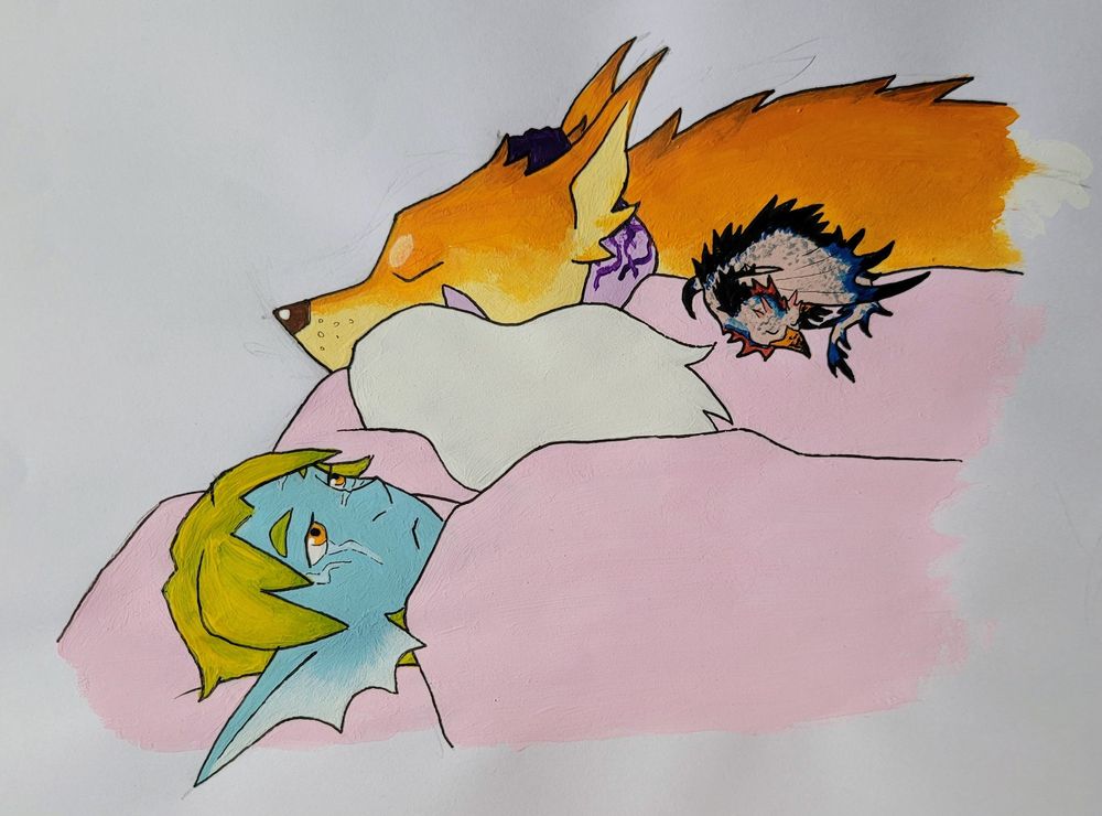 The "ah yes me and my girlfriend" meme redrawn with some dnd characters that belong to me and my friend. In the foreground a young bright blue triton man with yellowish green hair, orange eyes and a scarred face lies in a pink bed and stares upwards disappointedly. Next to him in the background lies a light purple dwarf drow halfelf woman with white hair and scarred arms turned away from him, hugging a massive golden wolf. Also on her lies sleeping a beige and blue cockatrice.