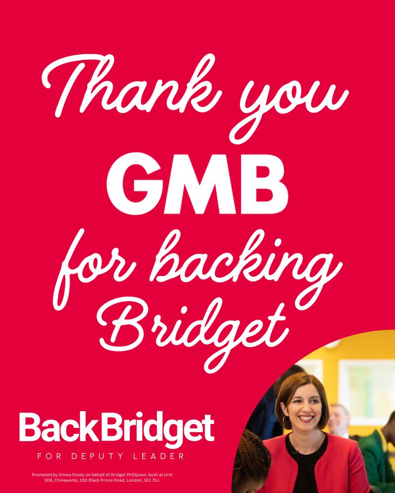 Graphic with text: Thank you GMB for backing Bridget. There is a picture of Bridget and the Back Bridget campaign logo underneath that.
