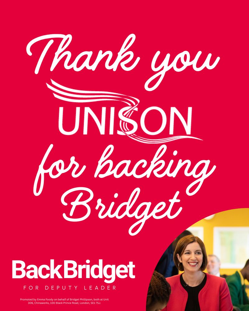 Graphic with text: Thank you Unison for backing Bridget. There is a picture of Bridget and the Back Bridget campaign logo underneath that.