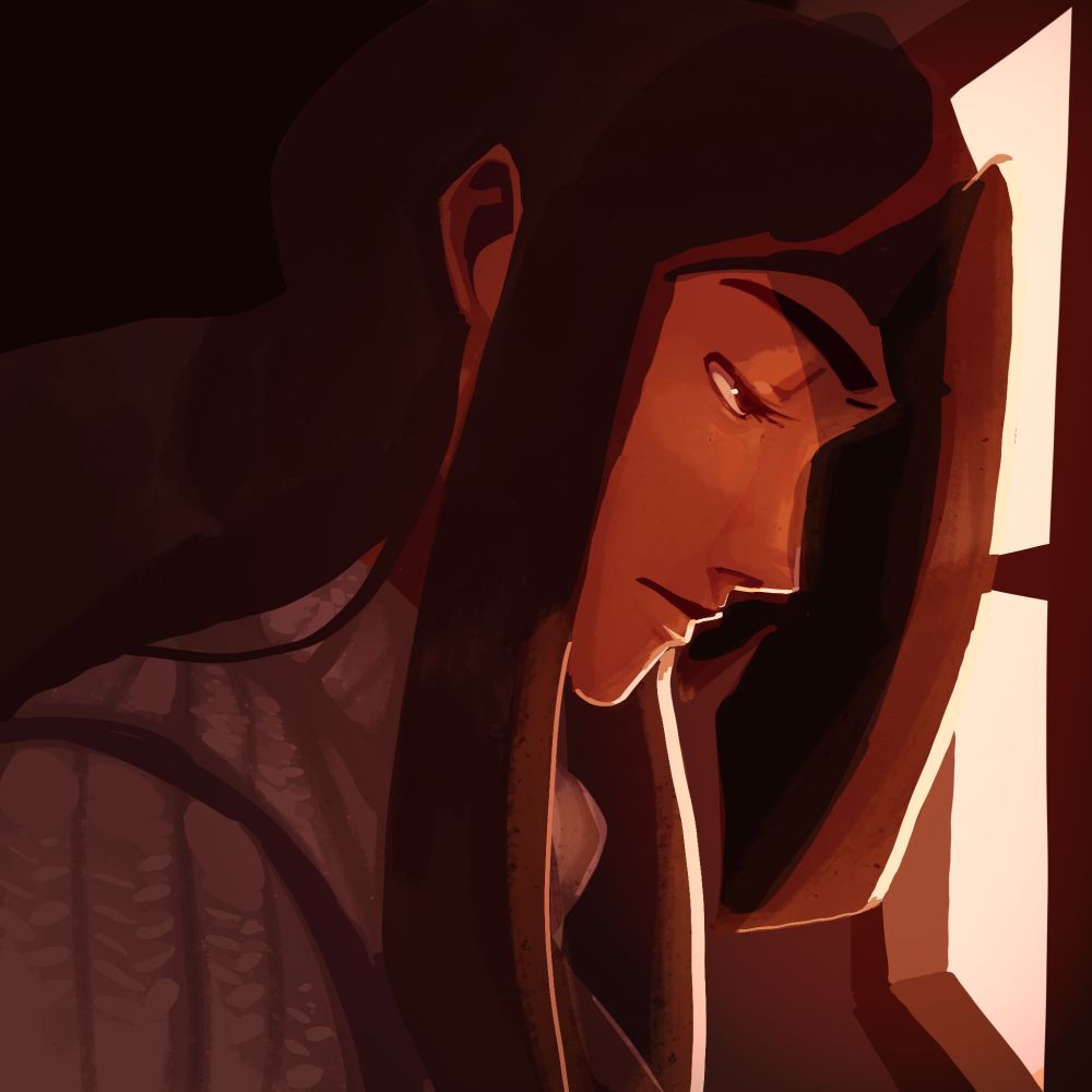 A woman is looking outside of the window. She has long hair that covers one of her eyes. The window lets in warm light. The rest of the drawing is dark.