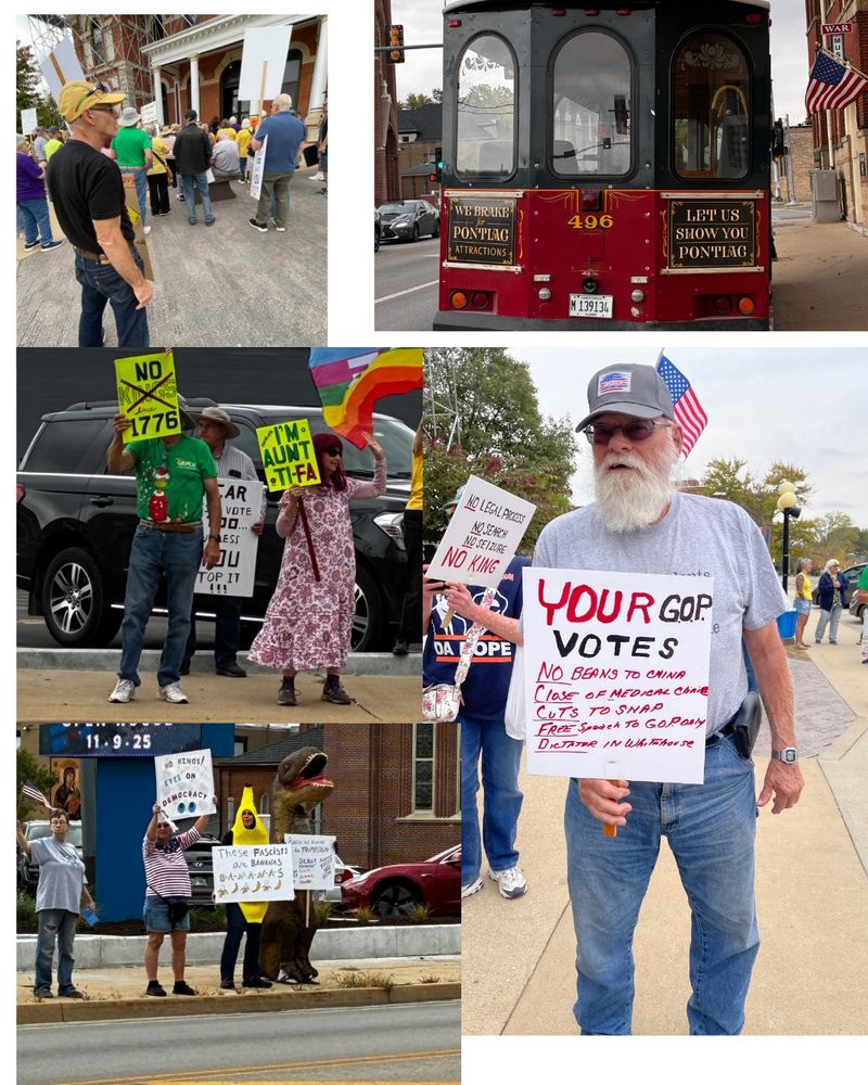Montage of No Kings protesters, including a farmer with a sign saying the result of GOP votes includes “No beans to China, Close of medical clinic, Cuts to SNAP, Free speech to GOP only and Dictator in White House