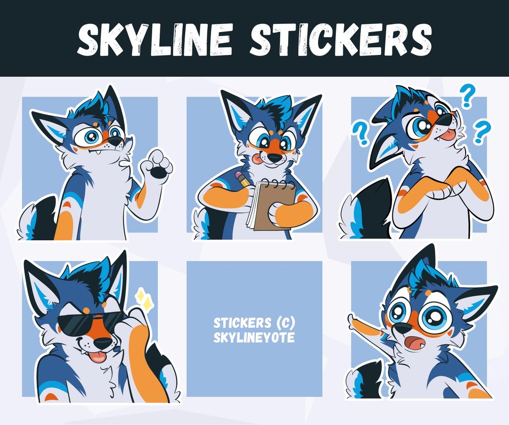 Set of telegram stickers featuring Skyline the coyote. In the first row, skyline is shown pausing before saying anything, taking down notes with bleppy concentration, and tilting their head looking absolutely baffled. Then in the last row, skyline is lookin’ rad while subtly adjusting their shades, followed by them pointing off to the distance with a look of derptation.