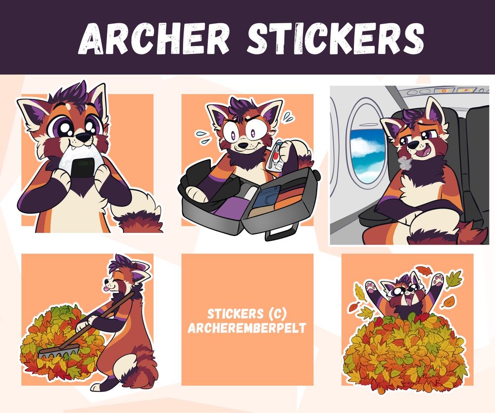 Telegram stickers featuring Archer the red panda. In the first row of stickers, Archer is displayed eating onigiri, struggling the pack a suitcase, and looking relieved after boarding an airplane. In the last row, archer is shown happily raking a pile of leaves, followed by them jumping through the pile of leaves with full gremlin energy.