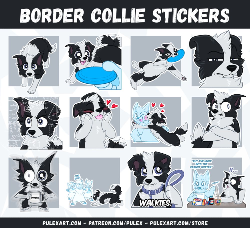Collection of Border Collie Stickers showing them herding, playing fetch, being judgmental, calculating, being affectionate, looking frustrated, getting hopped up on caffeine, demanding walkies, and becoming distressed at poor rule following. 