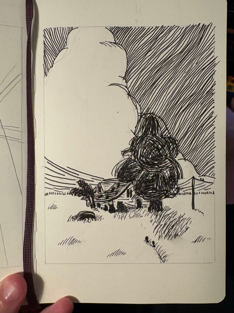 A picture of an ink drawing in a sketchbook. It’s a landscape scene focused on an abandoned house overgrown with tall grass and trees. Two figures are just visible, apparently pushing through the grass towards the house. The sky is dominated by a large cumulonimbus formation. 