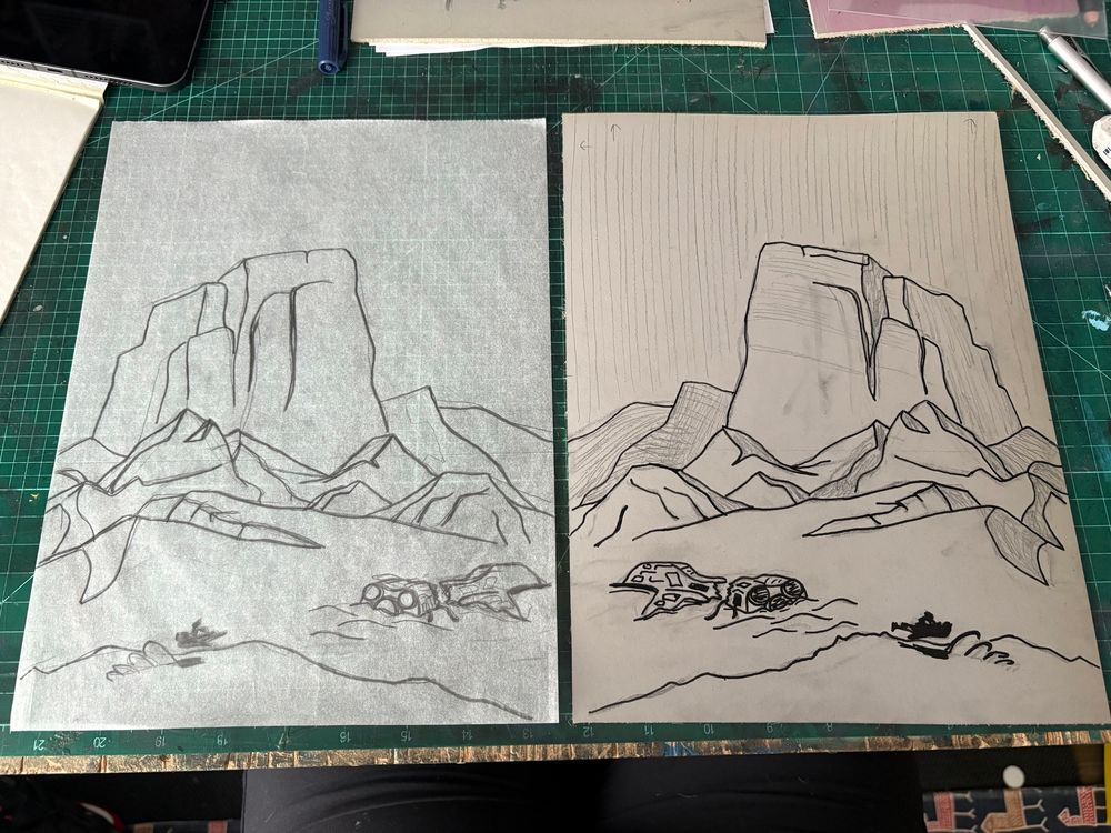 A progress picture showing the drawing for the design of a linocut block on the left, and the image transferred to a block on the right. The image is a landscape of a desert mountain. In the foreground is a figure riding a hover bike. In the middle is what appears to be the remains of a crashed spaceship. 