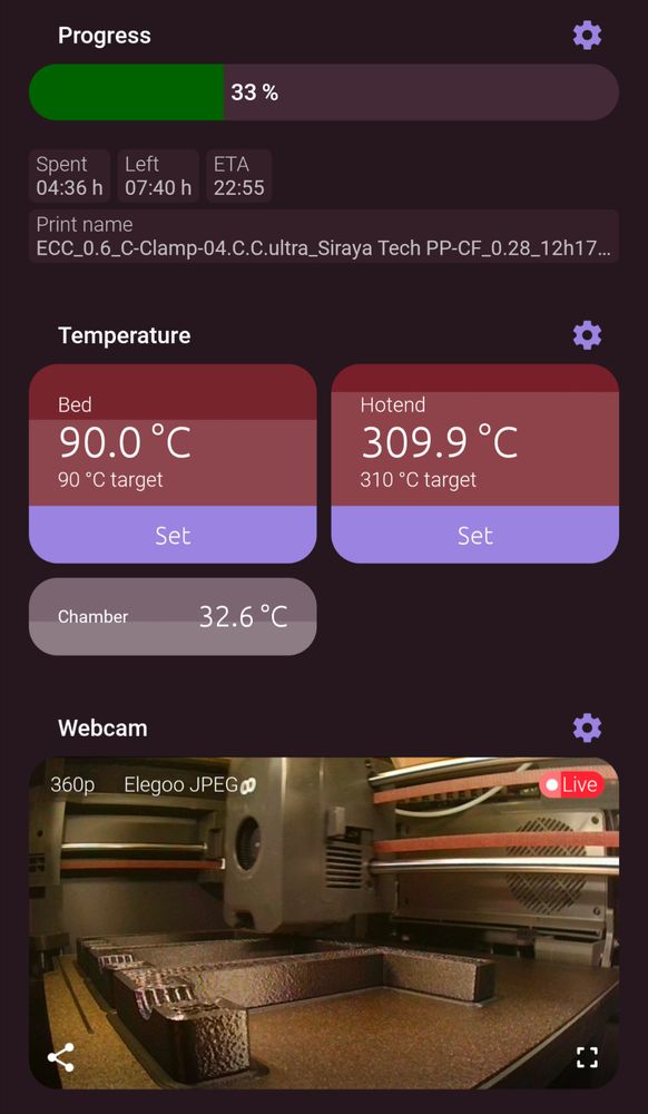 33% Progress
Bed temp 90C
Hotend 309.9C