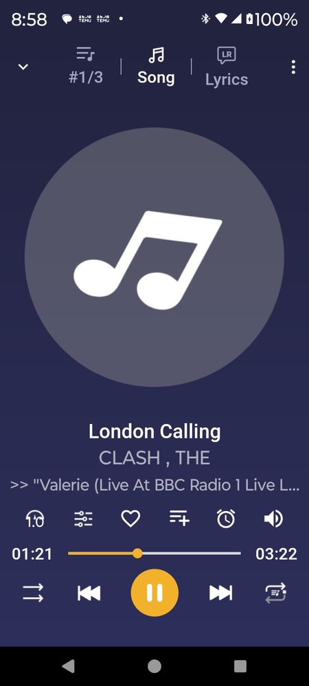 Screenshot of my mp3 app playing London Calling by The Clash.