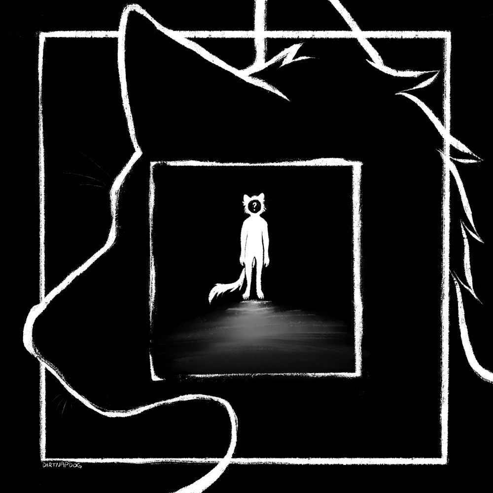 a black and white line drawing of an anthro canine head faced away from the viewer silhouetted with a small,full bodied anthro canine in the middle of their head 
inside the small anthro head theres a question mark 