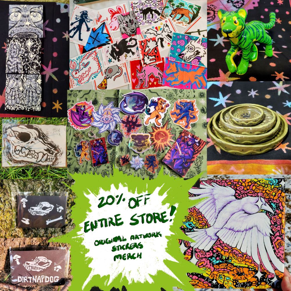 a collage of different art pieces currently available on my ko-fi store, with an announcement on the bottom saying '20% off entire store! original artwork, stickers,  merch' 