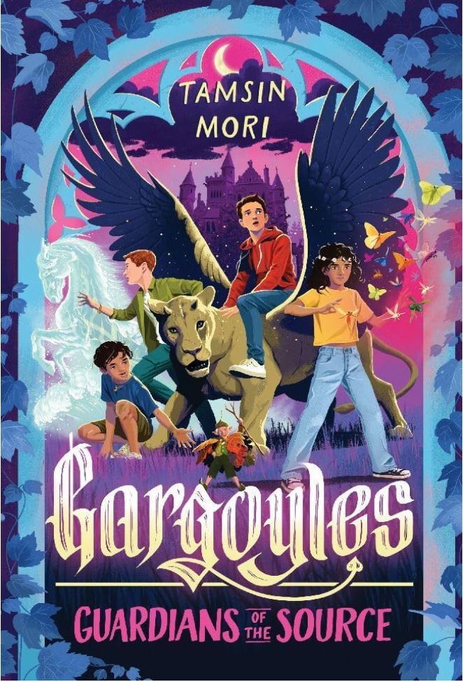 Cover: An ornamental arch in pale blue, is set on a dark blue background with mid blue vine leaves. Within the arch centre we see the 3 kids, along with their special creatures: a water kelpie, amazing insects and a tiny elf-like creature. Callan is sat astride Zariel, the winged lion gargoyle that features in the story. There is a crescent moon within the top of the arch and authors name below in pale yellow. The old house is in silhouette against a red/purple sky. They all stand on purple and blue grass. The title at bottom of page. Gargoyles is in white and yellow gothic text, the remainder is in shiny raspberry red capitals.