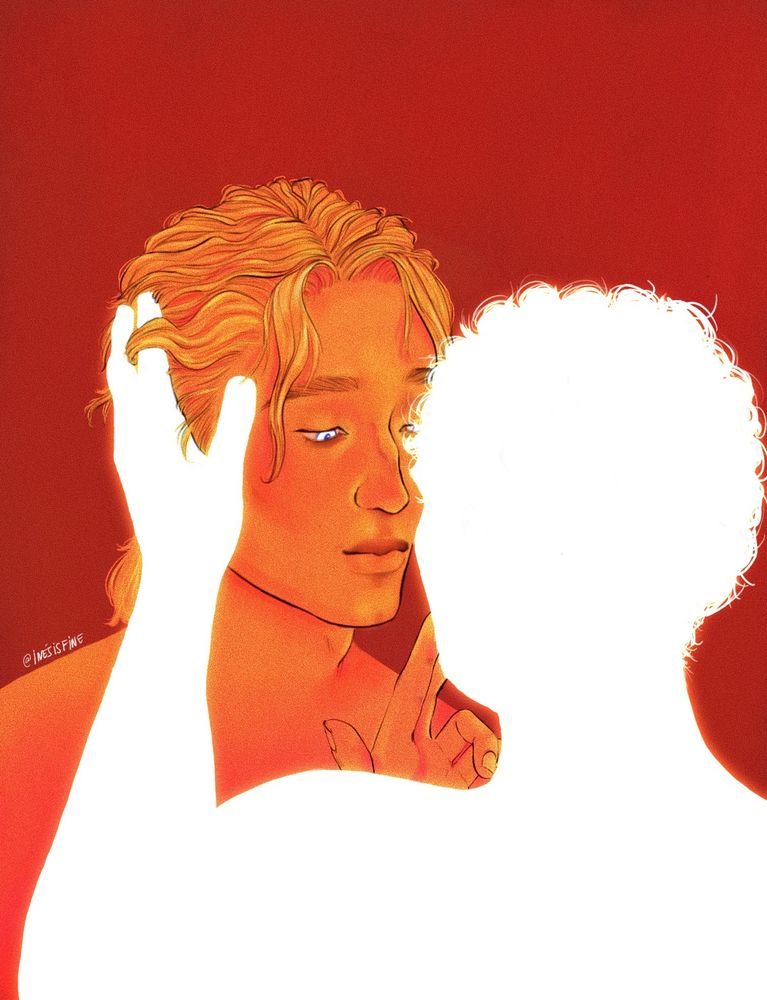 enjolras, gazing down at grantaire's silhouette, his fingers on his lips

[les miserables fanart, enjoltaire]