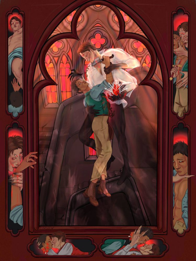 a tableaux of eldritch horror Oikawa, haunting a helpless Iwaizumi in a gothic setting 