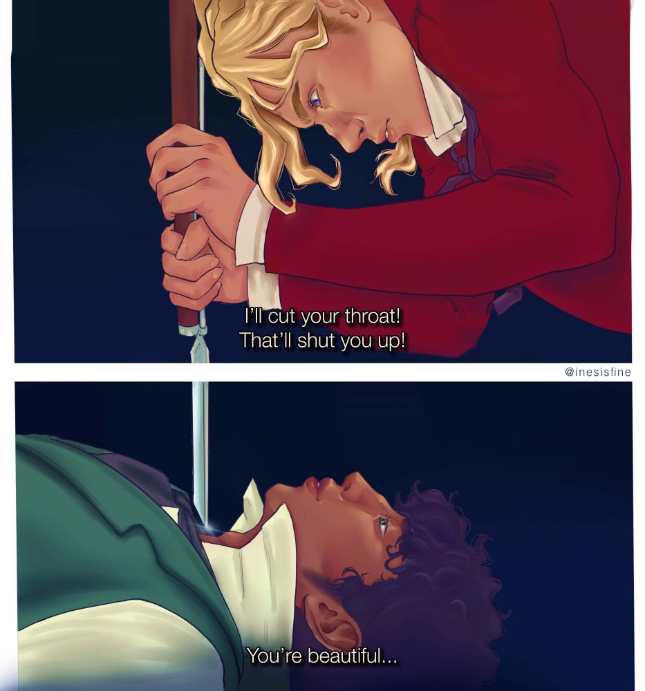 les miserables - enjoltaire fanart. the princess mononoke scene redraw where enjolras holds a bayonet over grantaire's throat saying "I'll cut your throat! That'll shut you up!" and R responds "You're beautiful..."