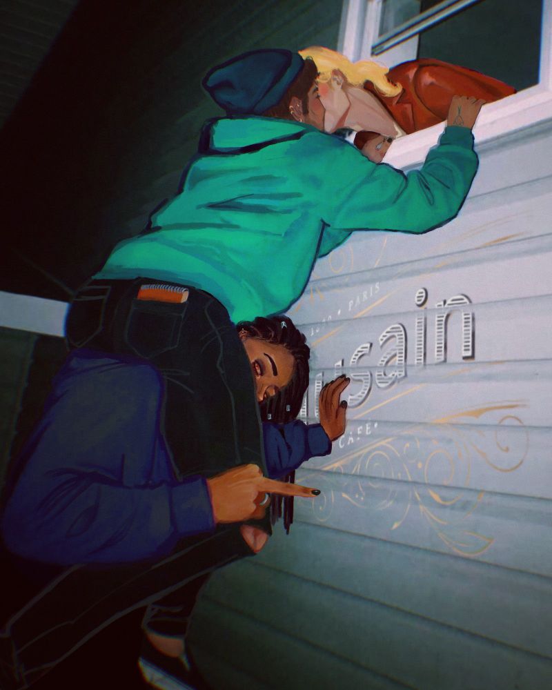 les miserables - enjoltaire fanart. meme redraw where eponine props up grantaire so he can kiss enjolras through a window