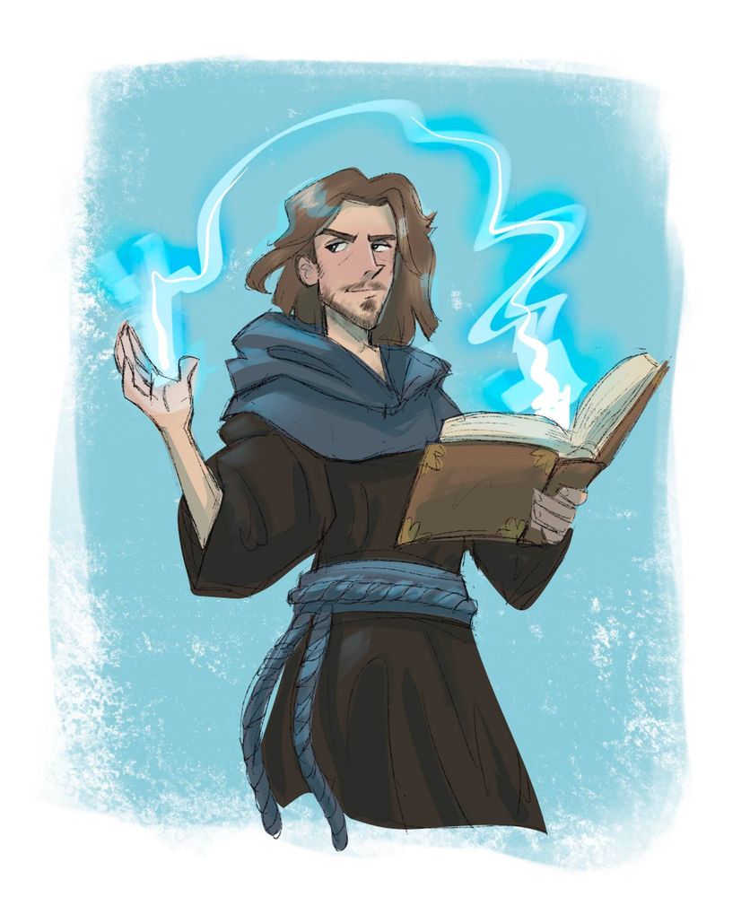 a human wizard with medium length brown hair, a spellbook in one hand and a blue arcane bolt spring from the other