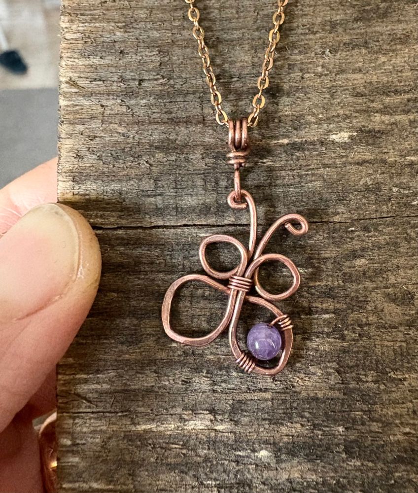 Handmade copper wire Necklace with butterfly pendant with amethyst