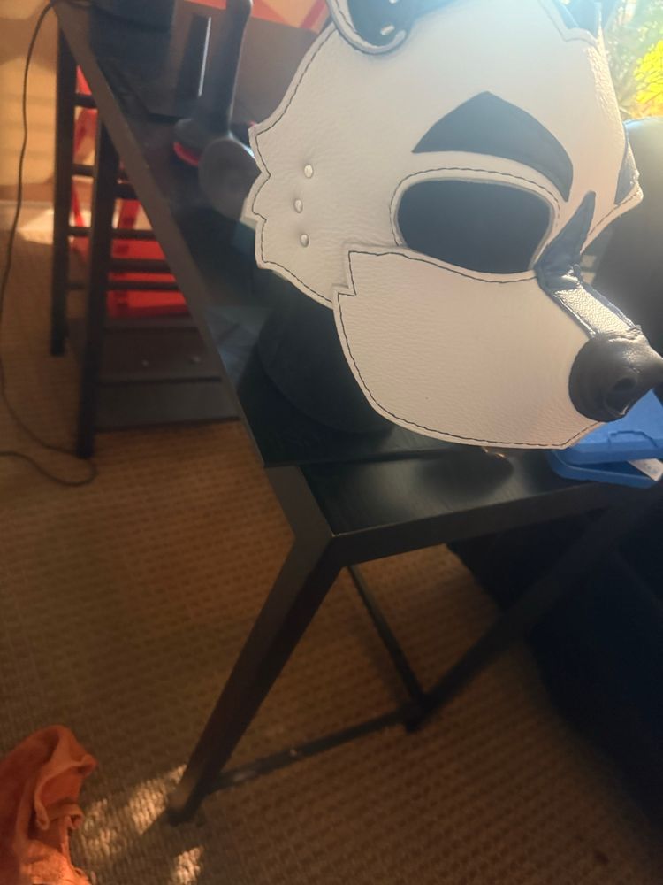 A picture of a mannequin head with my pup hood on it sitting on a 3D printed black stand. 