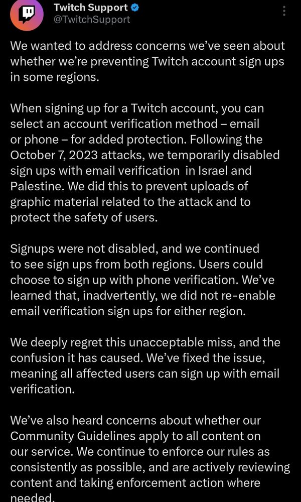 Twitch's apology for denying signups from specific territories
