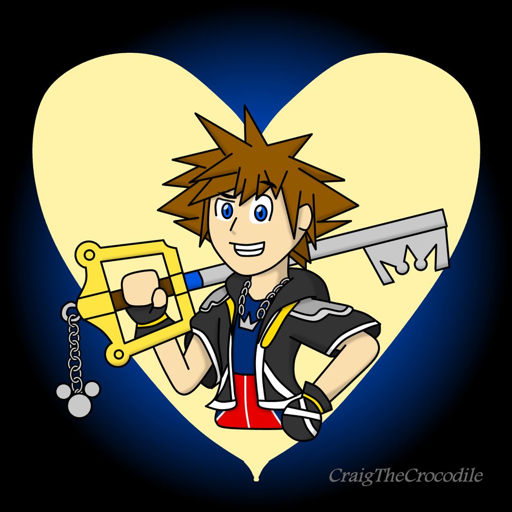 Sora holding the keyblade over his shoulder and smiling
