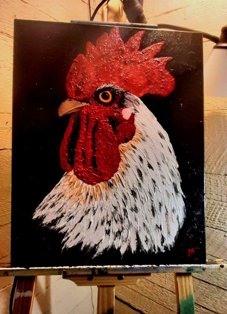 Acrylic painting of a white rooster with a large, bright red comb and huge red waddles on a black background. His eyes are strikingly orange. There is a lot of texture from the paint.