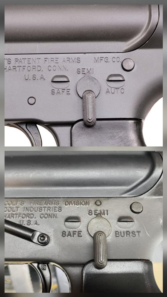 The photo is a top and bottom collage that shows the M16A1 and M16A2 selector switches for comparison. The A1 has Safe, Semi, and Auto. The A2 has Safe, Semi, and Burst. 