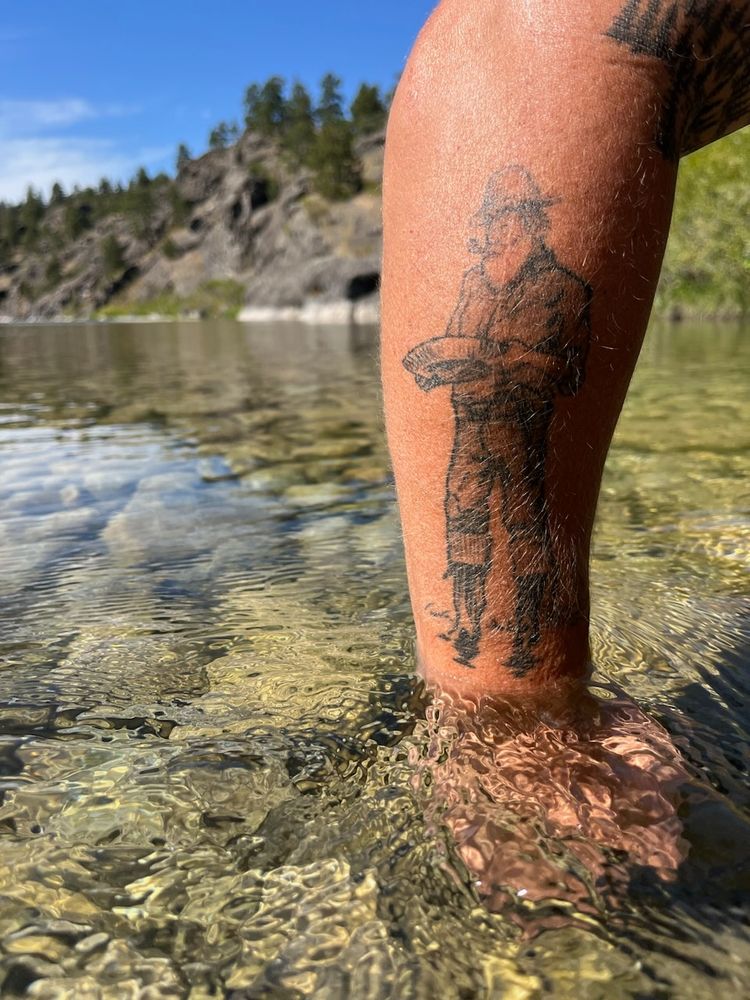 CMR The Prospector as a tattoo on my arm stuck in the Dearborn River in Montana 