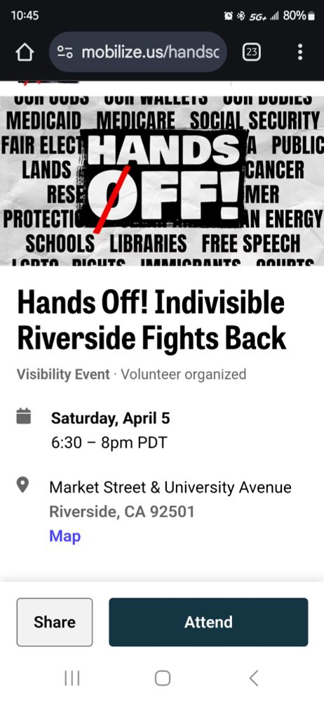 A flyer for a non-violent protest called Hands Off that will take place across the US but this flyer is for Downtown Riverside in Southern California. Market St and Union St 6:30-8pm