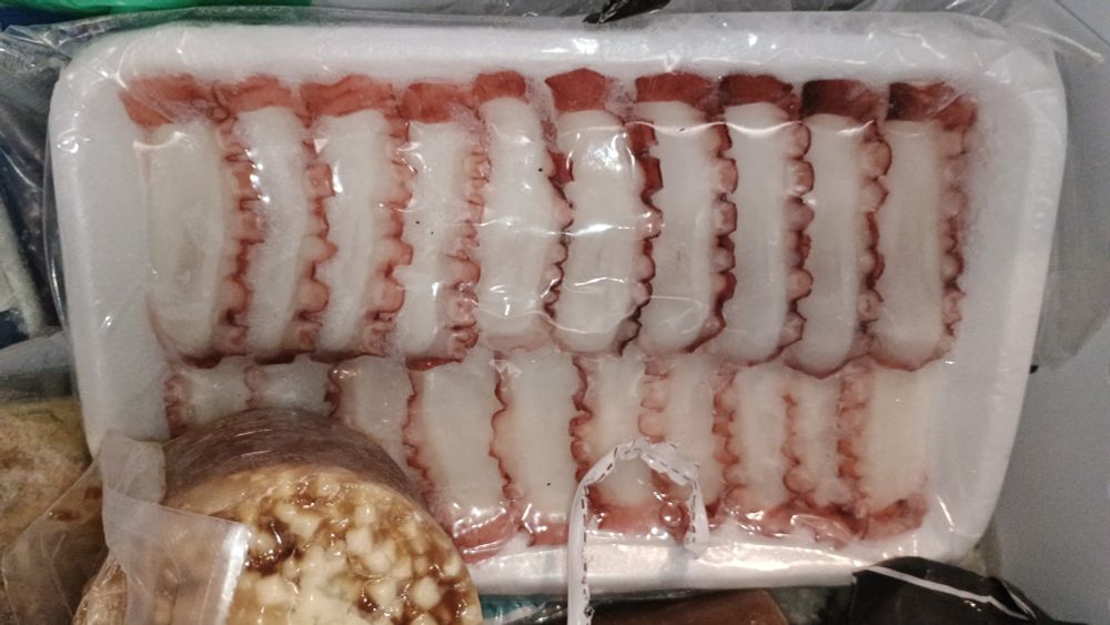 Frozen sliced octopus. Frozen french onion soup 