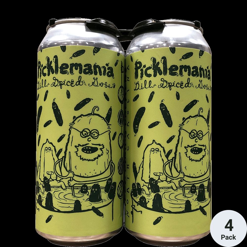 Side view of a 16 oz version of "Pickelmania, a dill Gose from Steel String Bewing from Carrboro,  NC. The light green can shows a cartoon drawing of an anthropomorphic Pickle making picks with their dog nearby. 