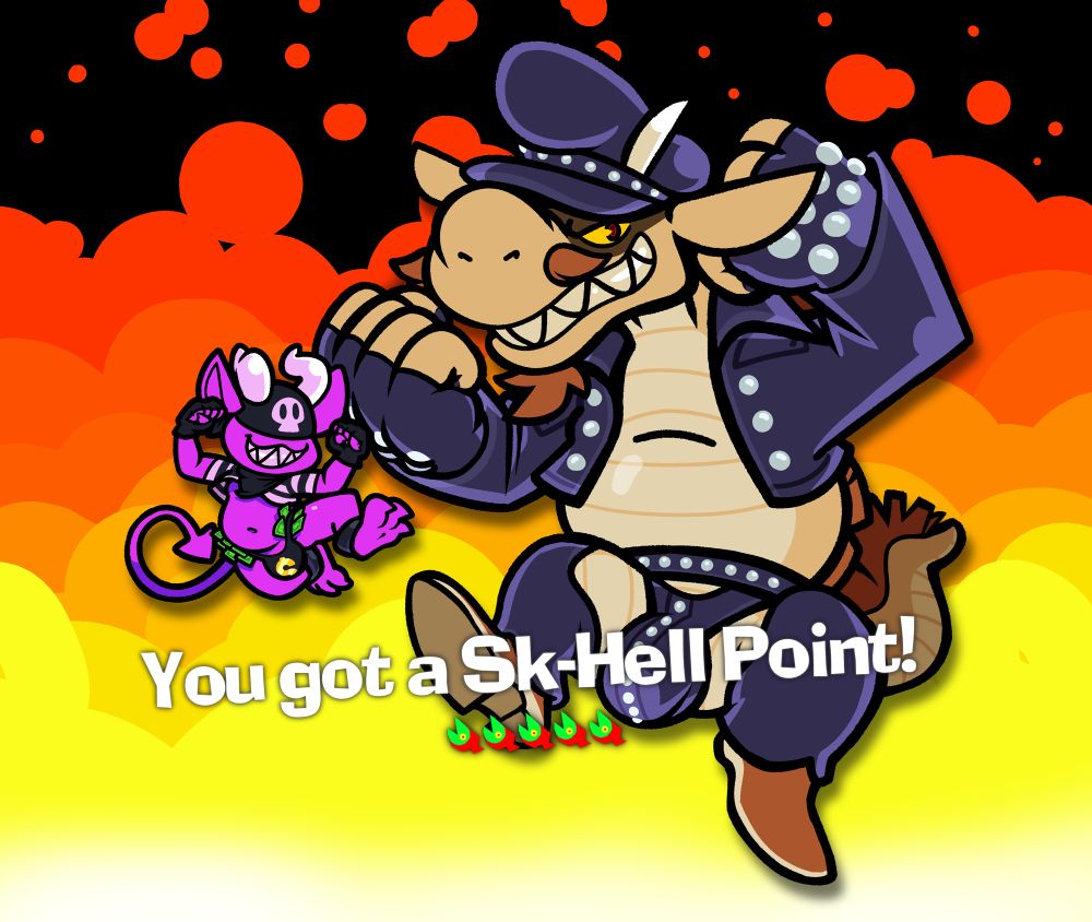 A purple imp, Boone, and a tan dragon, Bune, recreating the Skill Point screen from Donkey Kong Bananza. They are kicking their legs up joyously and raising their arms in triumph, both flashing grins with sharp teeth. The imp is wearing a monochrome outfit consisting of a midriff shirt and a gold dollar sign-emblazoned thong, with dollar bills tucked in the strap, and metal collars around his ankle. The dragon is wearing a “leather daddy” outfit, consisting of special-cut chaps and an open, midriff leather jacket alongside a leather cap. 