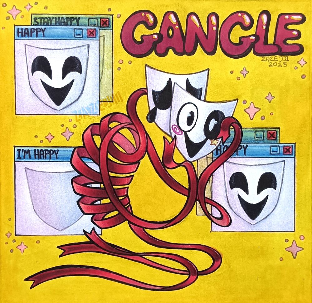 Traditional art of Gangle from "The Amazing Digital Circus" kneeling down holding a mask from the 4th episode of the series in the front of her face while softly crying, surrounded by pop-ups with her standard happy face  mask