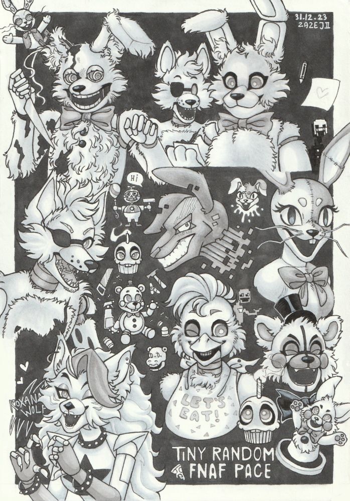 Traditional art of various characters from Five Nights at Freddy's games (Springtrap, Bonnie, Foxy, MXES, Vanny, Chica, Roxanne, Funtime Freddy & Bonbon)