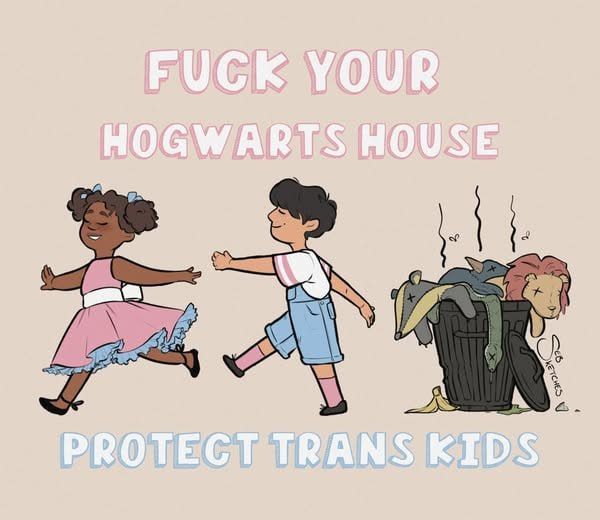 Picture of two trans kids walking away from a bin of JKR trash. 
Caption reads: fuck your hogwarts house. Protect trans kids.