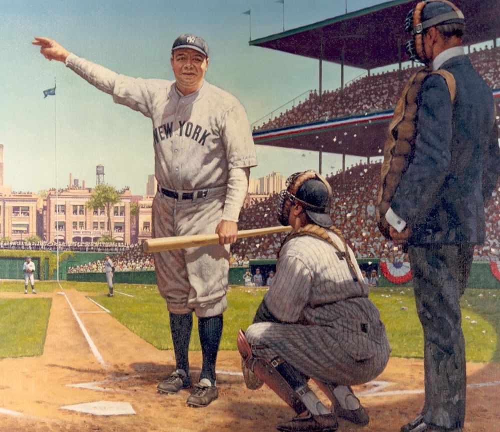 Painting of Babe Ruth pointing to the outfield, calling his shot, before hitting a home run right to where he pointed 