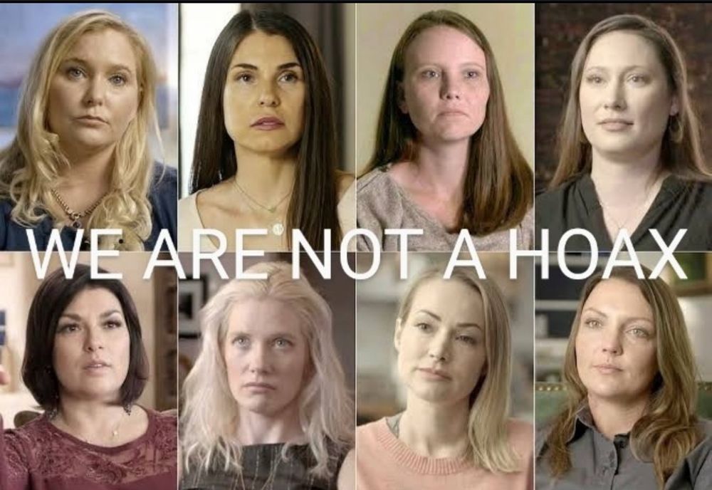 Photo of eight women abused by Jeffrey Epstein. 

Words “WE ARE NOT A HOAX” in white text shown through the middle of the 8 photos.  